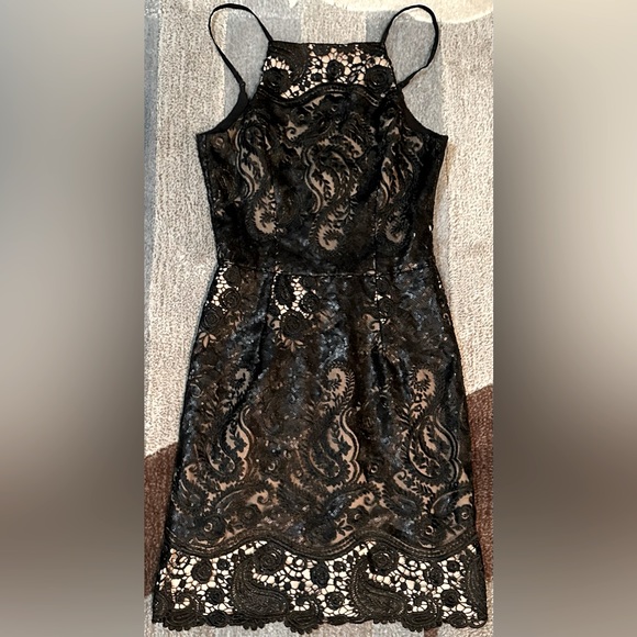 Dress the Population Sleeveless Julie Sequin Lace Mini Dress Black/Nude CL3 - Picture 2 of 9